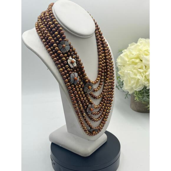 MultiStrand  Chocolate Pearls‎ Brown Copper-colored pearls Pearl Bib necklace - Picture 7 of 14